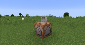 A command block with a sheep behind it, with the arrows on the side facing up.